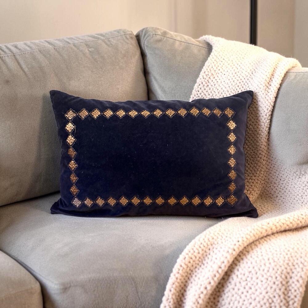 MADISON PARK Embroidered Lumbar Throw Pillow Velour Blue 20” X 14” EUC 3589-20